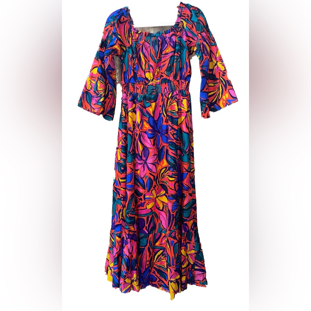 🆕#168-SUGARLIPS DRESS, Rainbow Tropics Off the Shoulder Bell Sleeve Midi Size M - Picture 8 of 13
